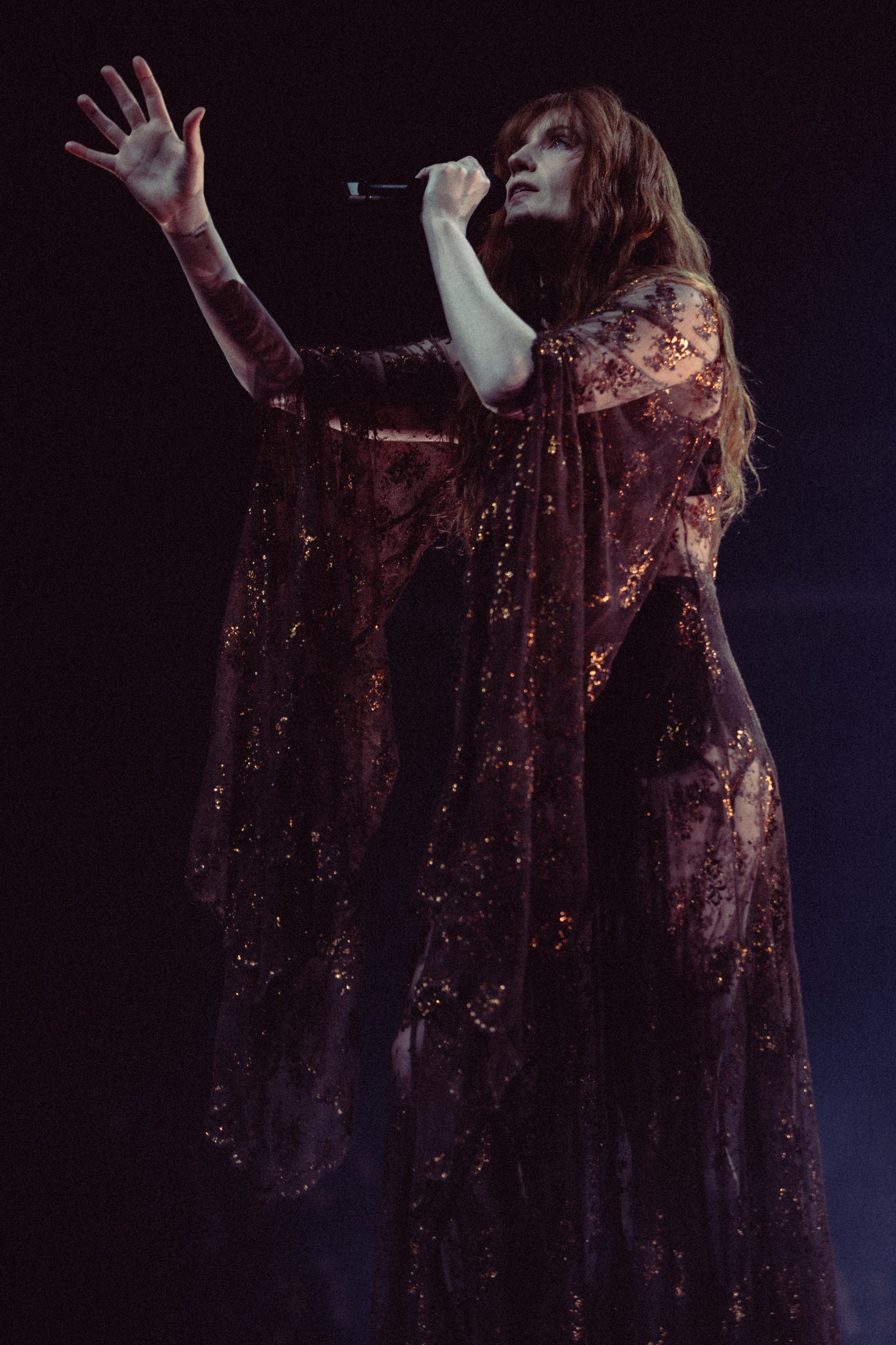 Performer in flowing dress sings passionately on dimly lit stage.