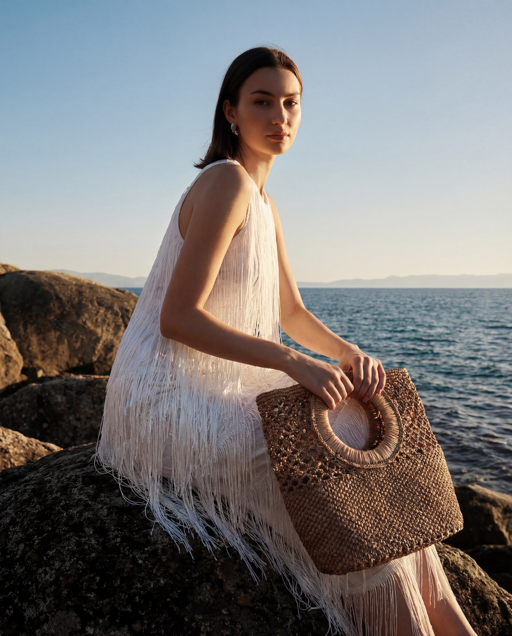 Woman in fringe dress with woven bag sitting by the ocean at sunset.