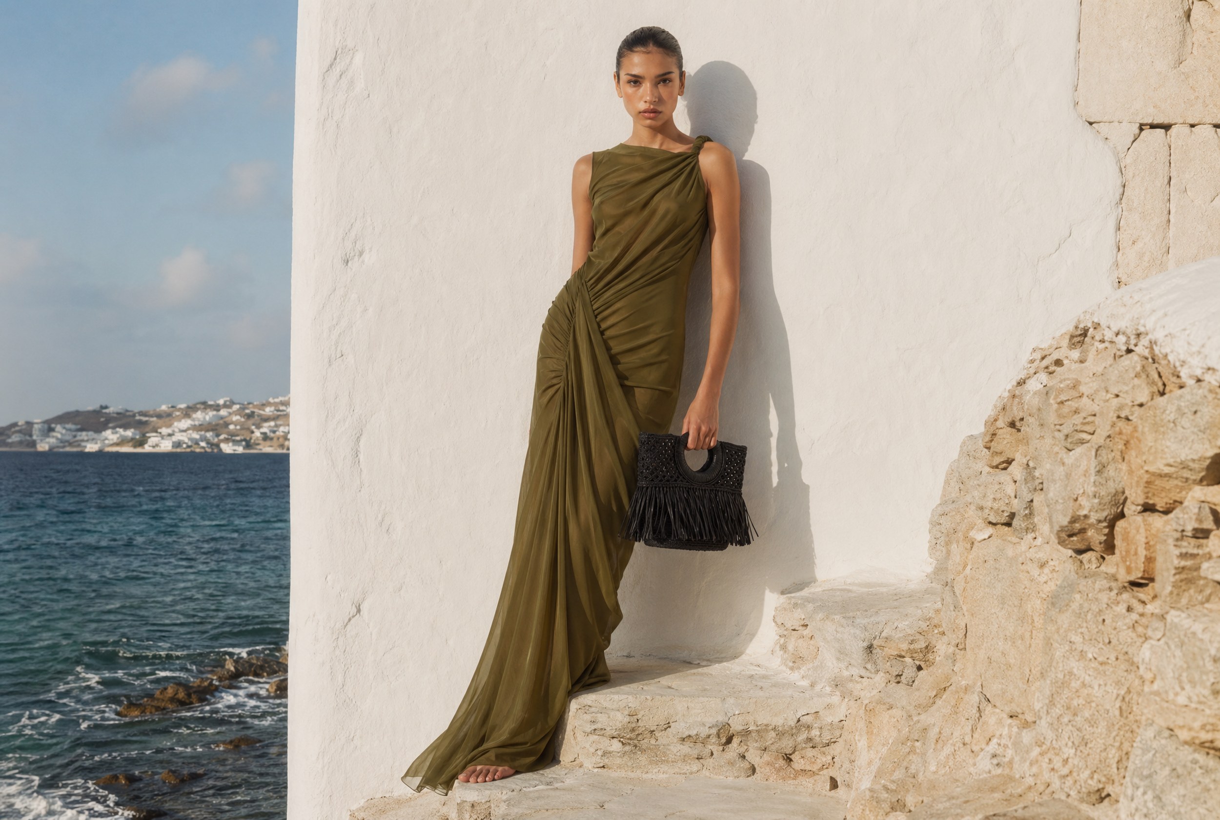 Woman in olive dress with black bag, posing by seaside stone wall.