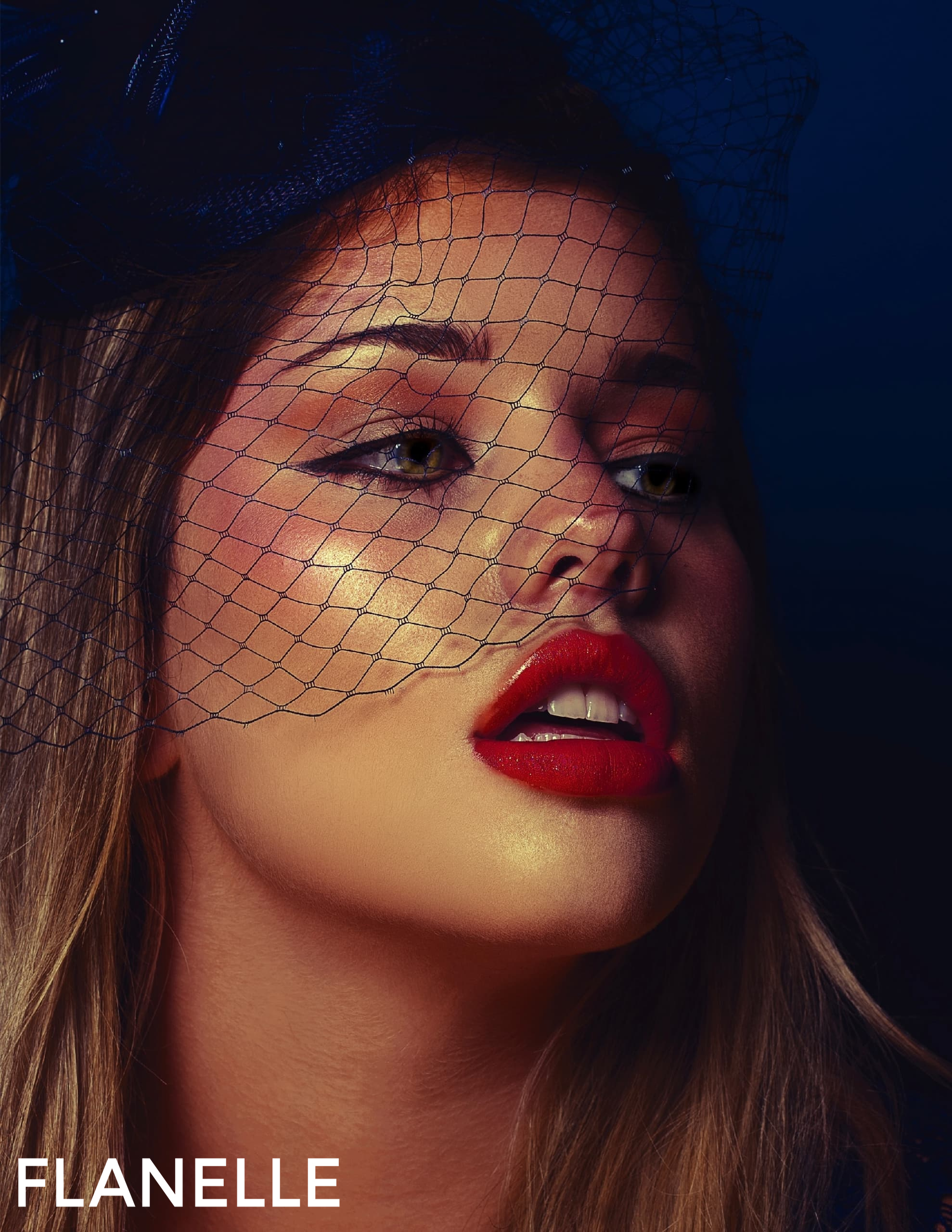 Woman with red lipstick, wearing netted veil, dramatic lighting, fashion portrait.