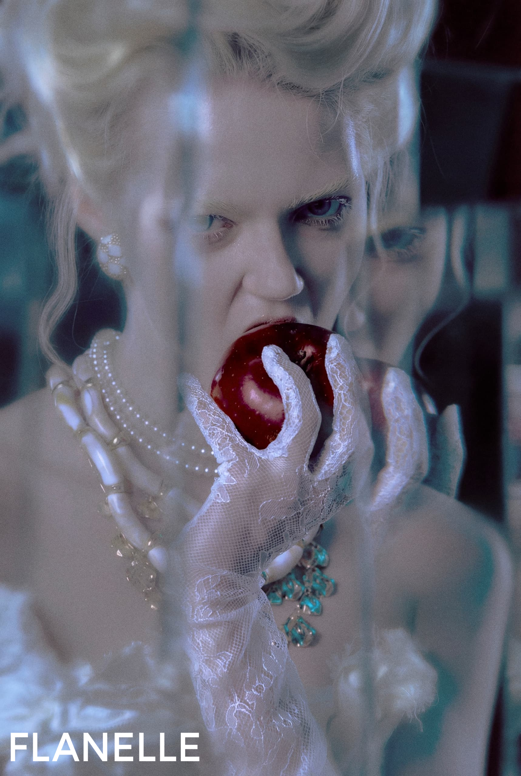 Gothic woman biting apple, mirrored reflection, elegant lace gloves, dramatic fashion.