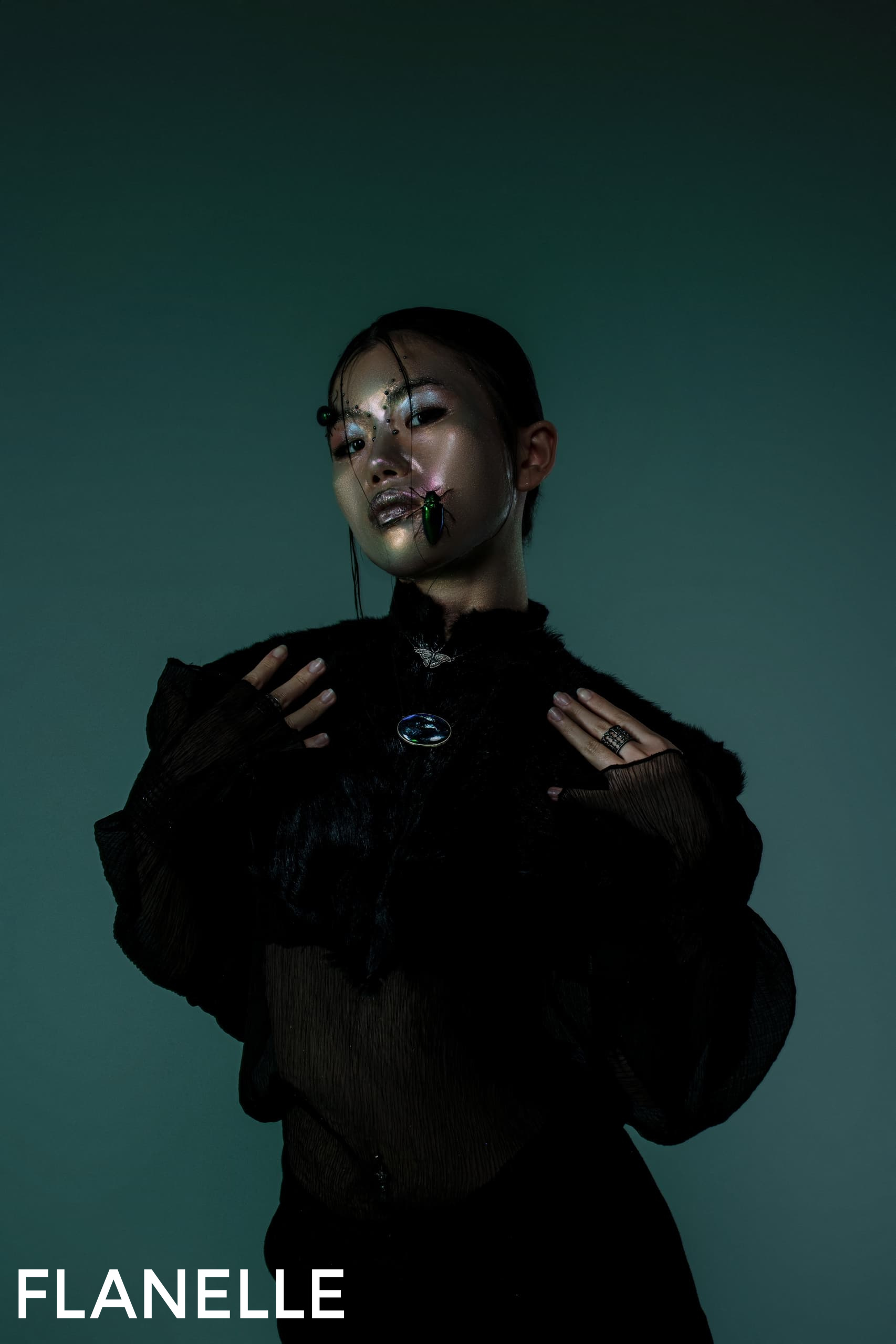 Model in dark fashion with face art and insect embellishment.