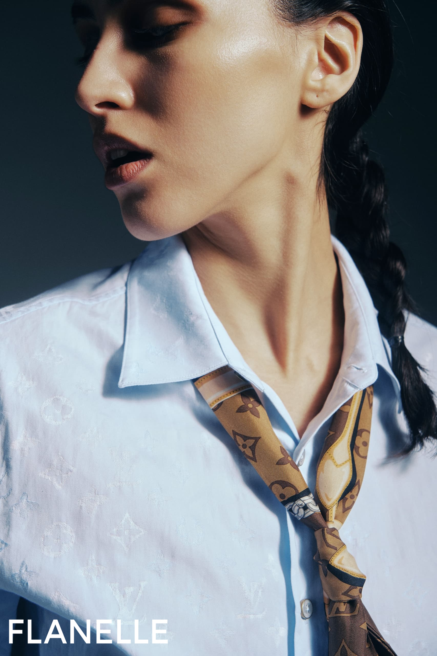 Fashionable woman with braided hair in a chic blue shirt and patterned brown tie.