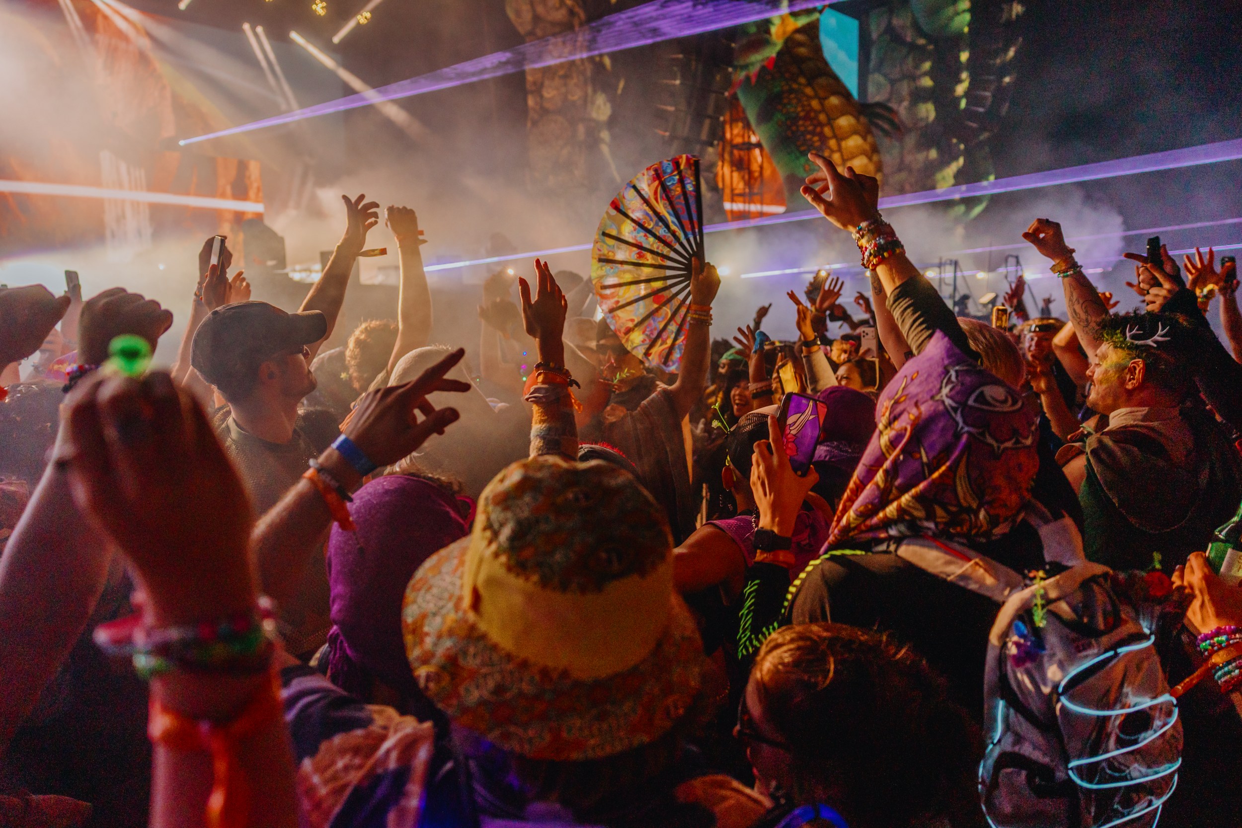 Vibrant crowd enjoying a lively music festival with colorful lights and decorations.