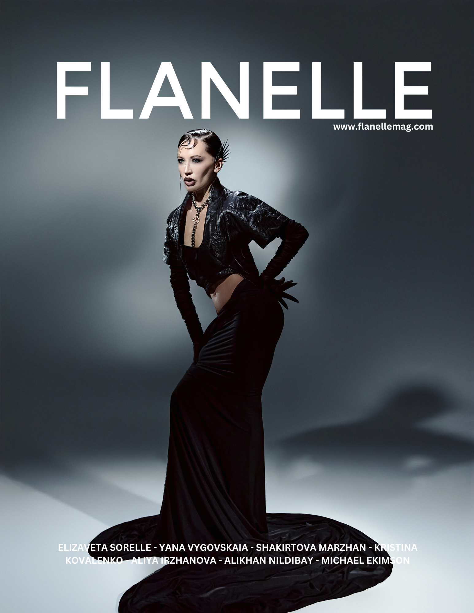 Fashion model in black gown on Flanelle magazine cover.