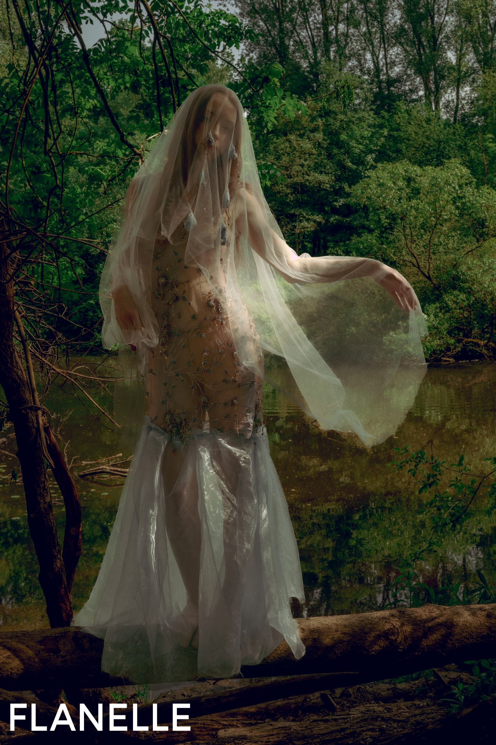 Ethereal woman in a sheer gown stands in a forest, covered by a translucent veil.