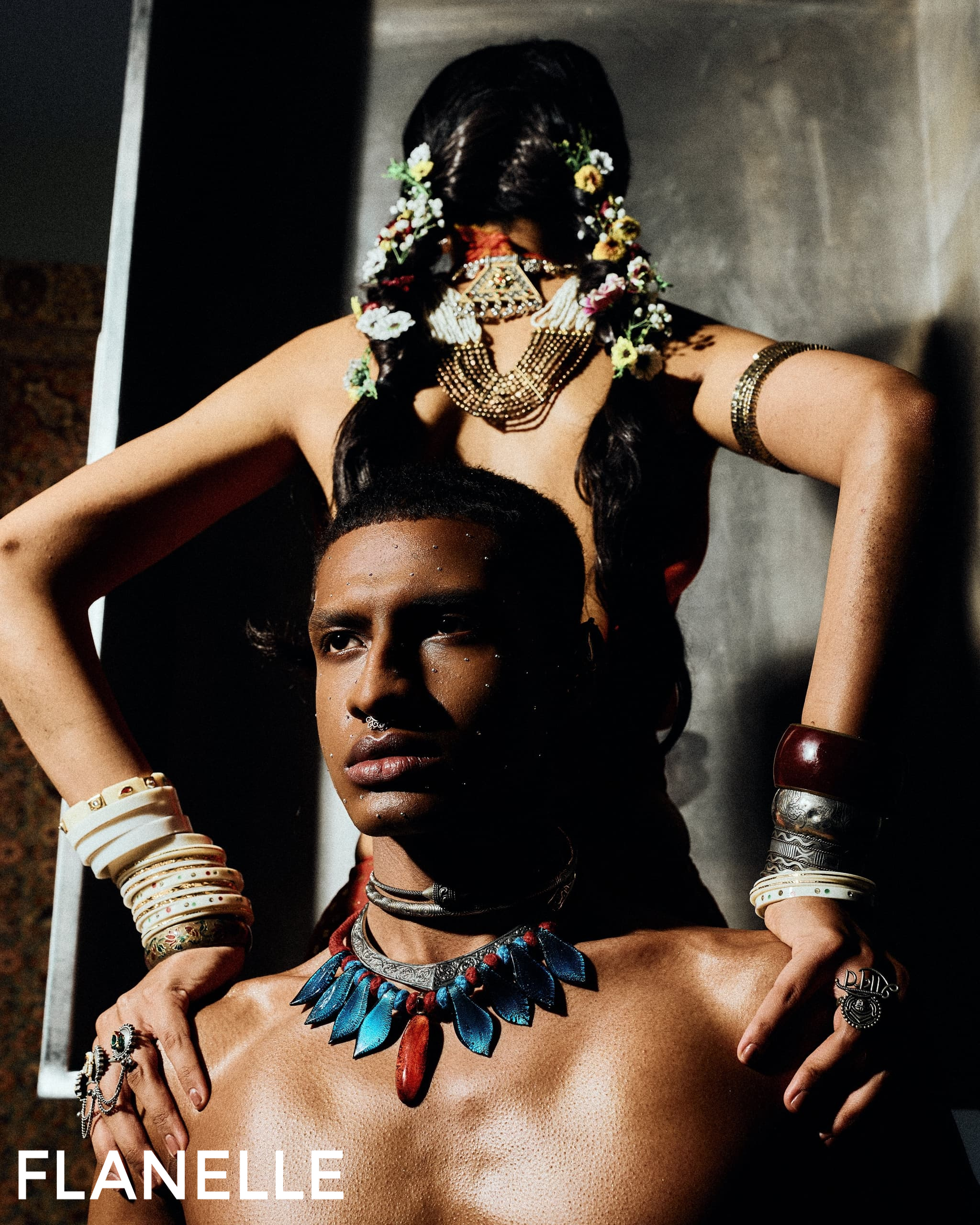 Fashionable models in vibrant necklaces and bracelets for Flanelle shoot.