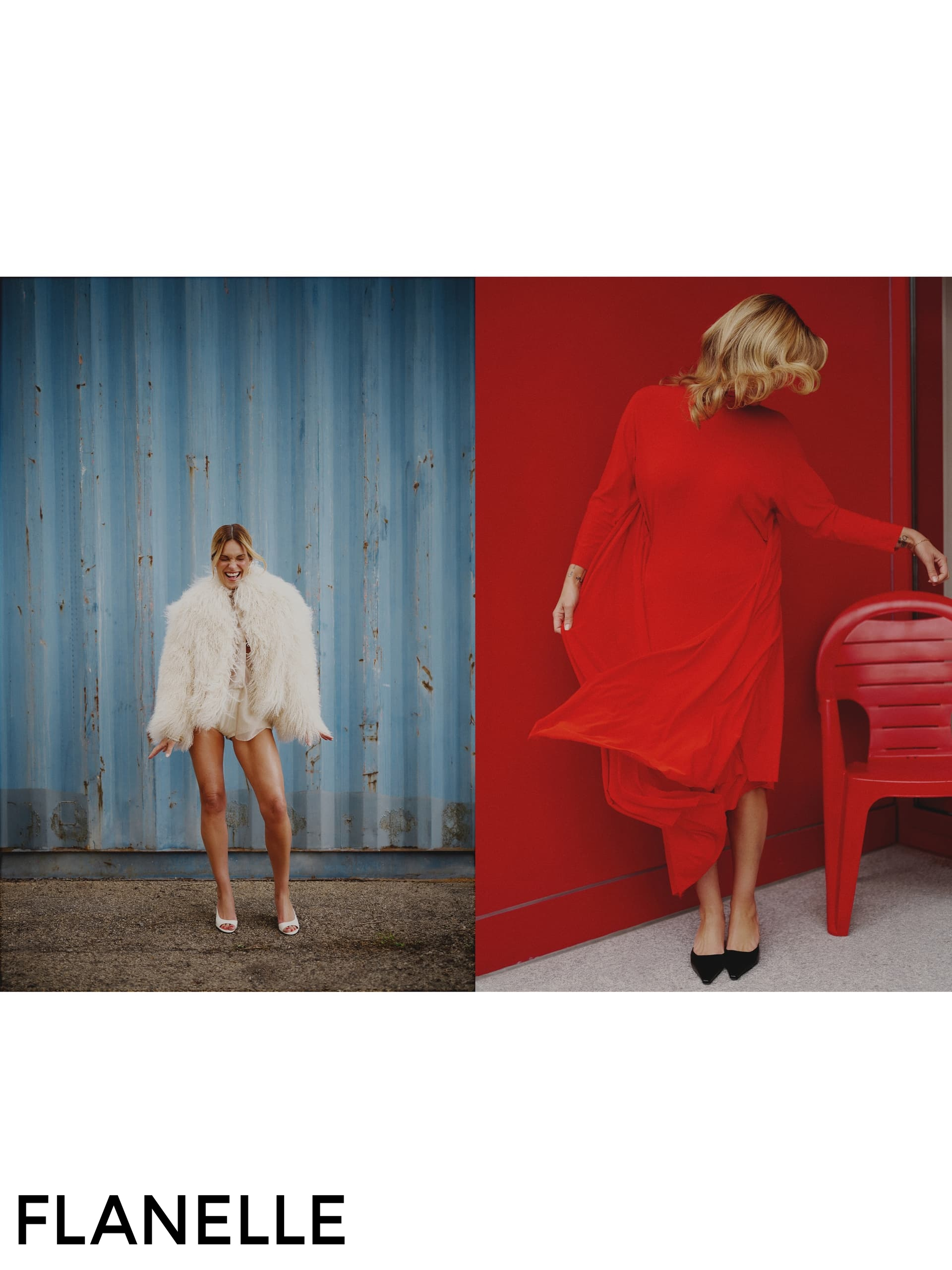 Fashion editorial: woman in fur coat and red dress against blue and red backgrounds.