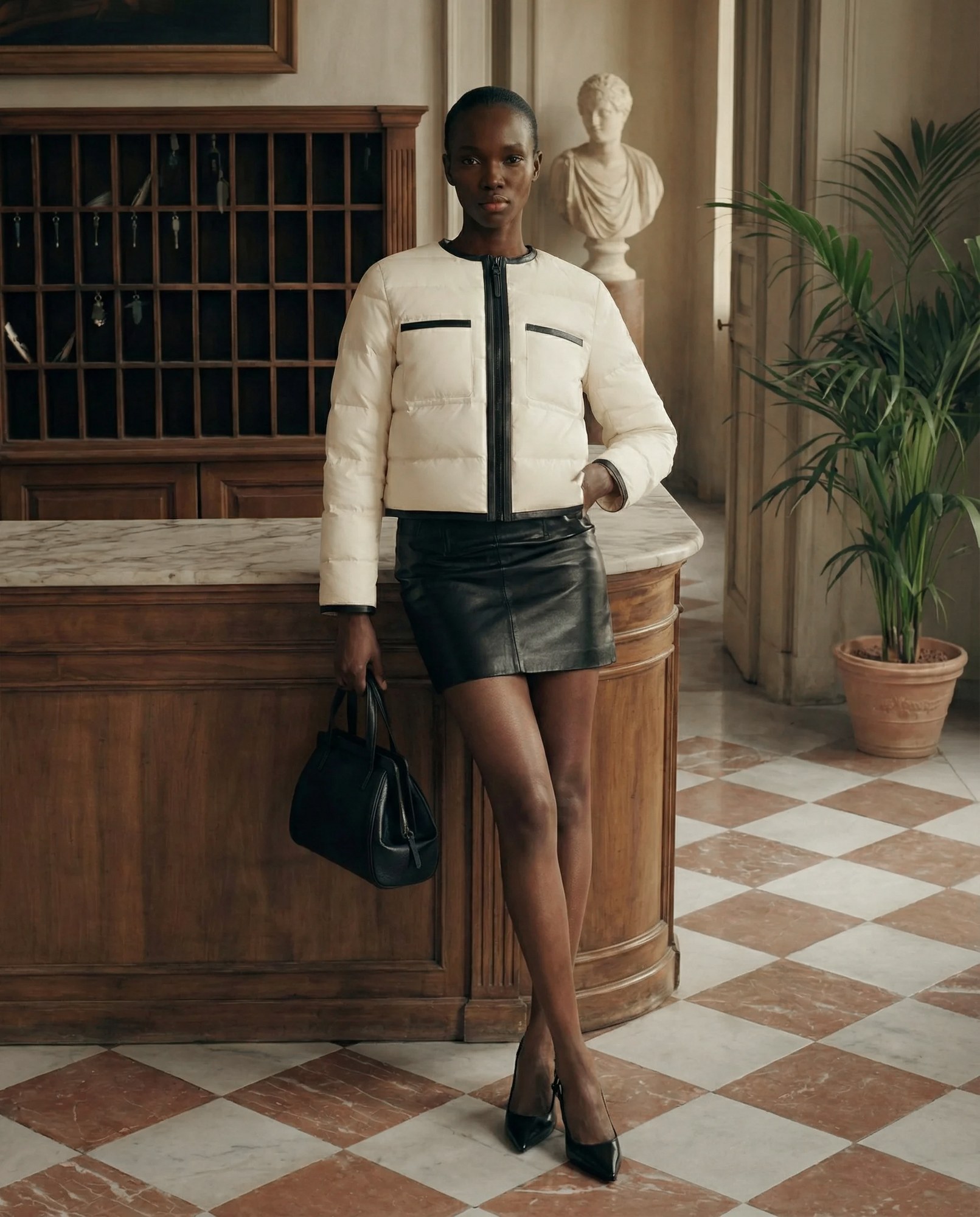 Stylish woman in leather skirt and white jacket in elegant interior setting.