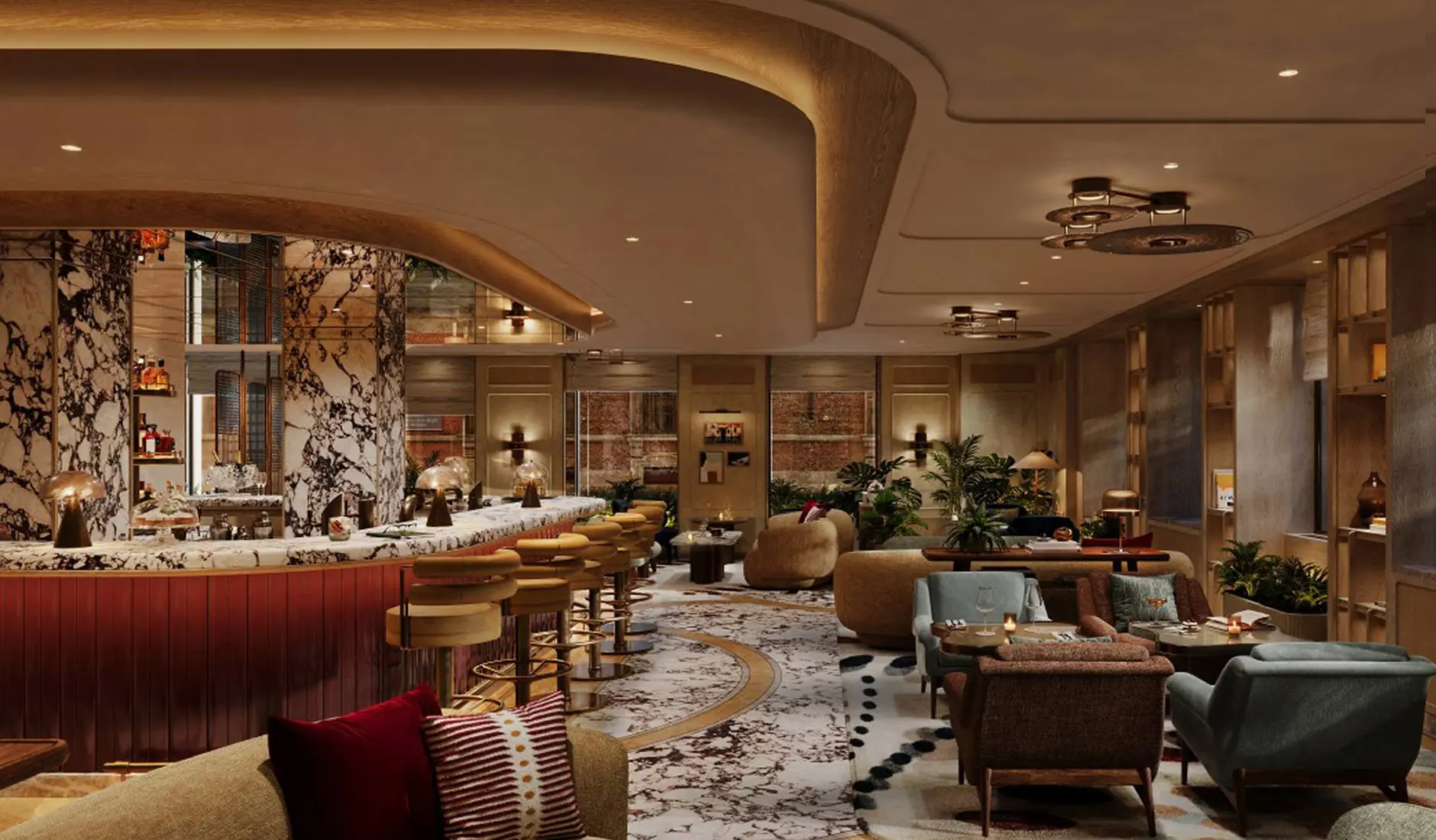 Luxurious lounge with elegant decor and seating, featuring a stylish marble bar.
