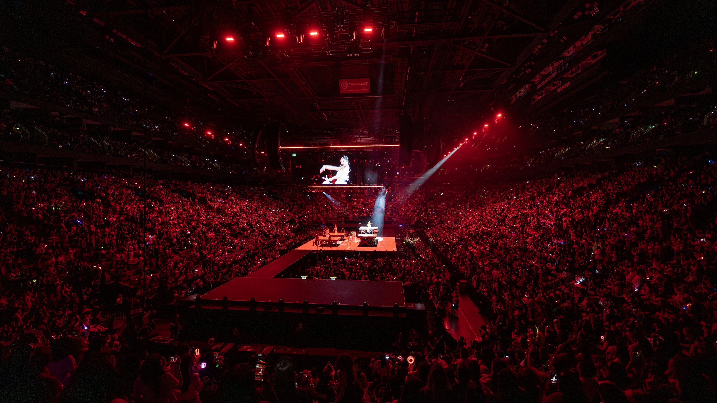 Concert venue filled with excited fans under vibrant red lighting.