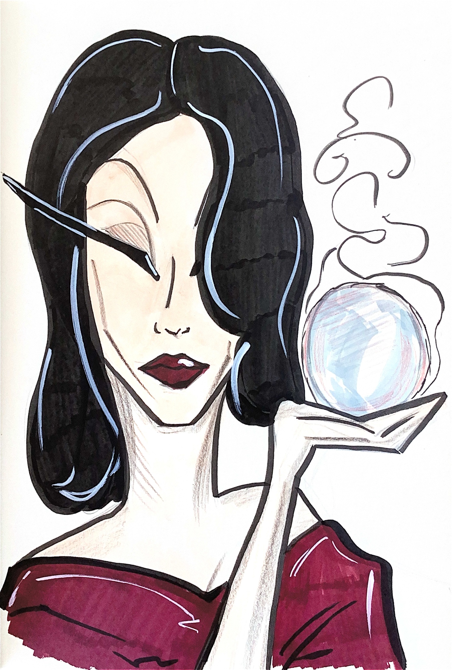 Illustration of a woman with a crystal ball and a mysterious, elegant expression.