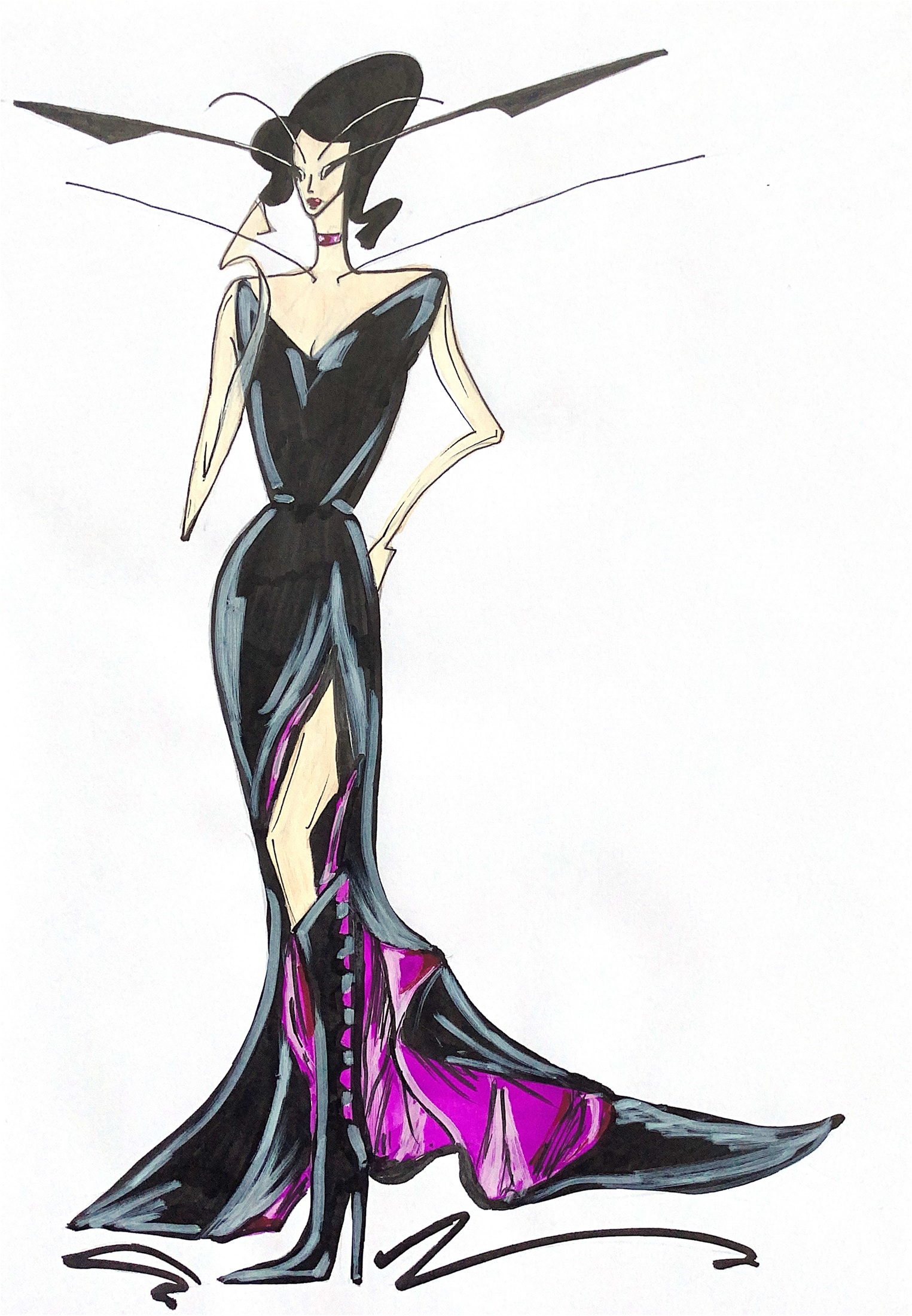 Elegant fashion sketch of a woman in a glamorous black and purple gown.