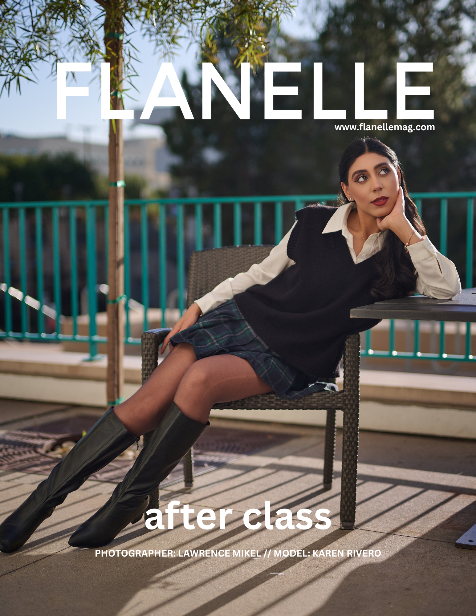 Model lounging in chic fall outfit for Flanelle magazine cover.