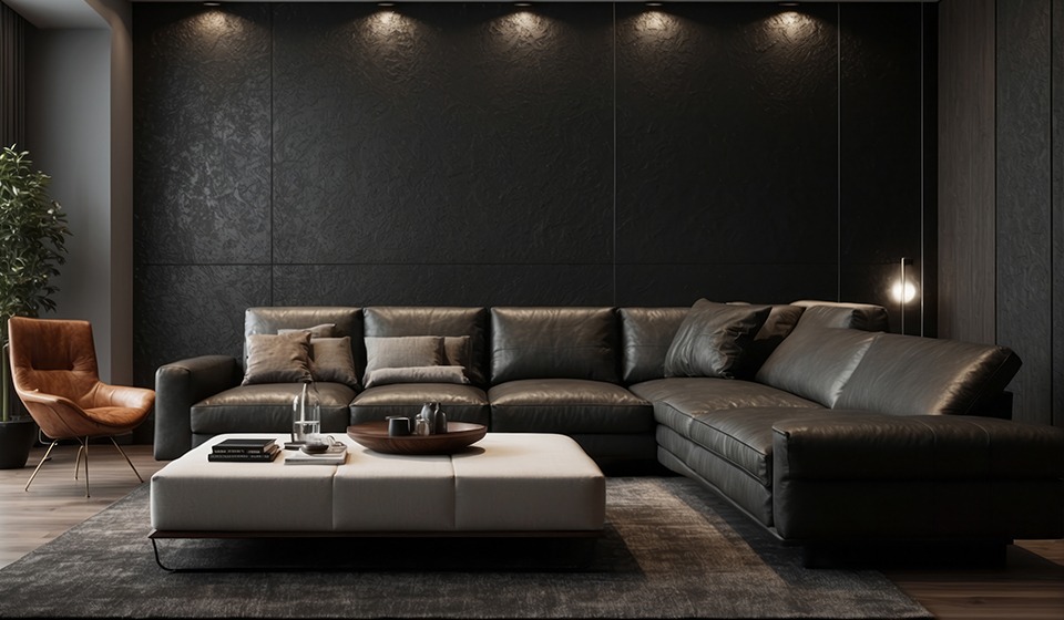 Luxurious modern living room with large black leather sectional and stylish decor.