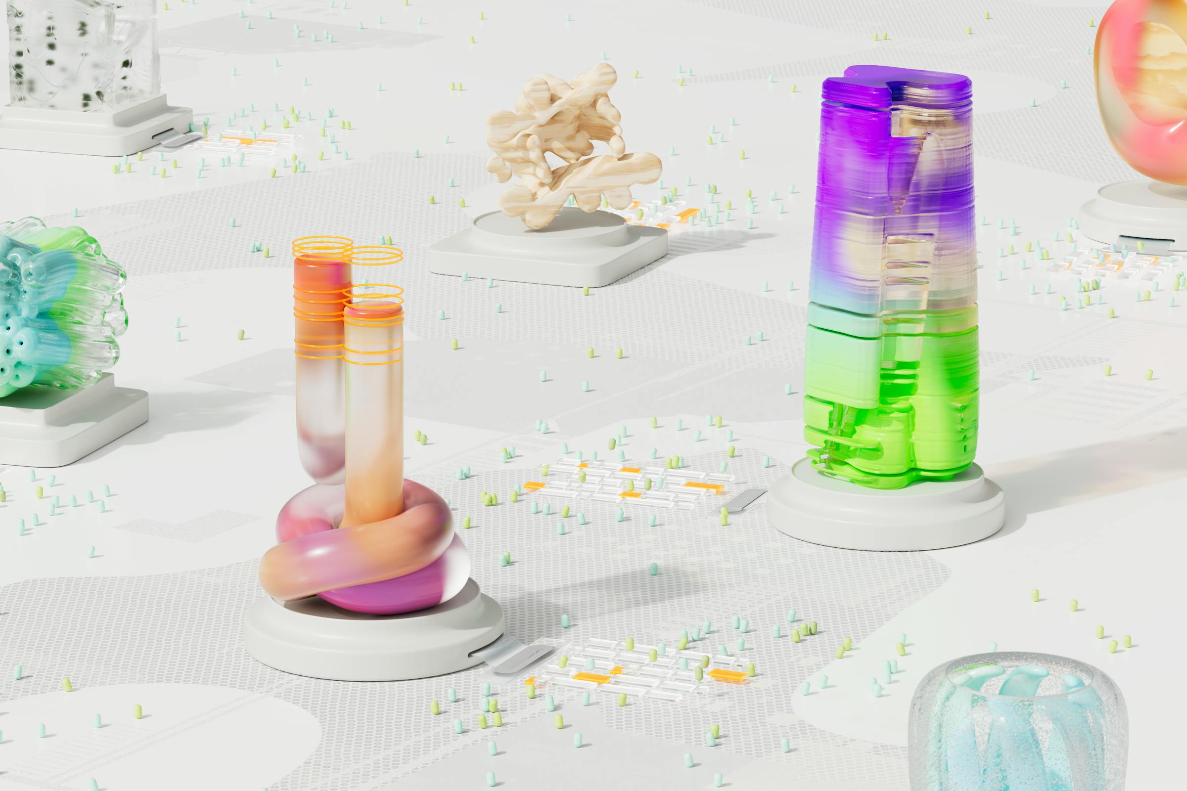 Abstract colorful sculptures on a textured surface exhibit creative modern art.