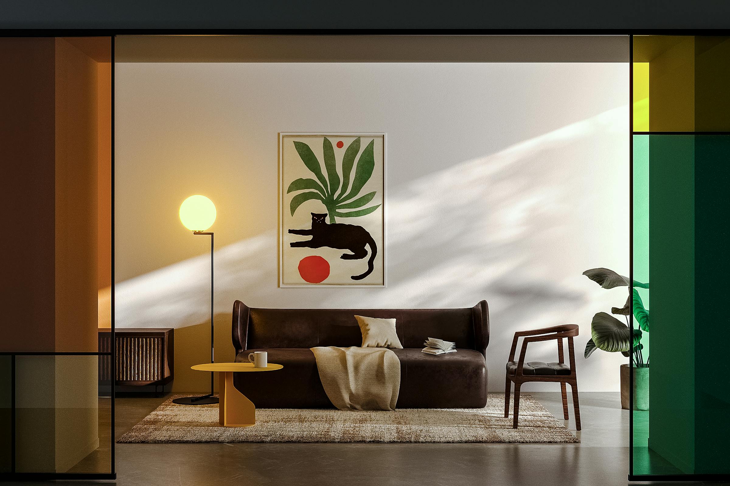 Modern living room with leather sofa, abstract art, and stylish decor elements.